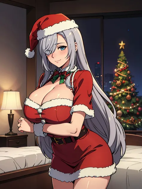 (red santaclaus outfit), red santa claus hat, christmas tree, (luxury bedroom background), ShenheV4, anime cels style, best quality, high resolution, 1girl, (huge breasts:1.2), beautiful face, grey hair, long hair, hair ornament, (hair over one eye), blue ...