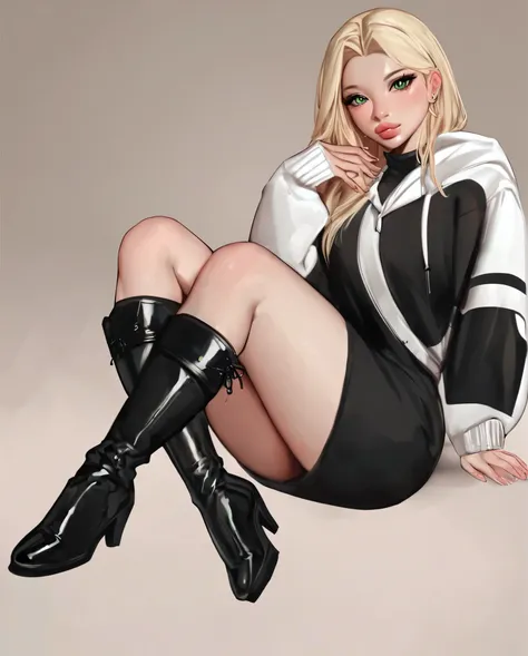 score_9, score_8_up, score_7_up, puririkaaa_style, , long hair, green eyes, white hoodie, 1girl, solo, looking at viewer ppl, blonde hair, green eyes, full body, massive lips, black dress, ((full body)), black boots