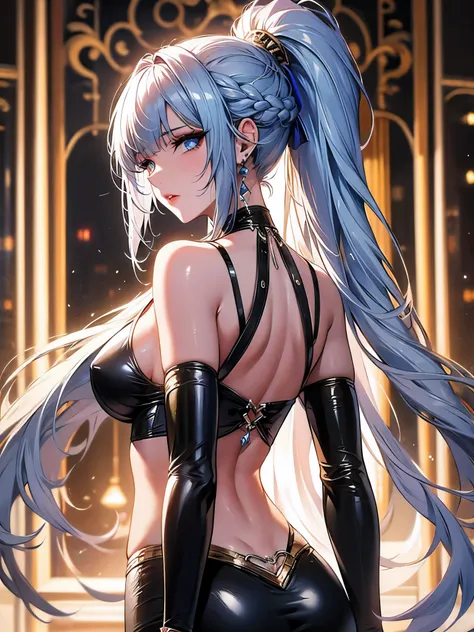 1demongirl, aqua eyes, back, bangs, bare shoulders, black gloves, blue eyes, braid, choker, earrings, fingerless gloves, from behind, gloves, grey hair, holding, jacket, jewelry, long hair, looking at viewer, looking back, nail polish, off shoulder, parted...