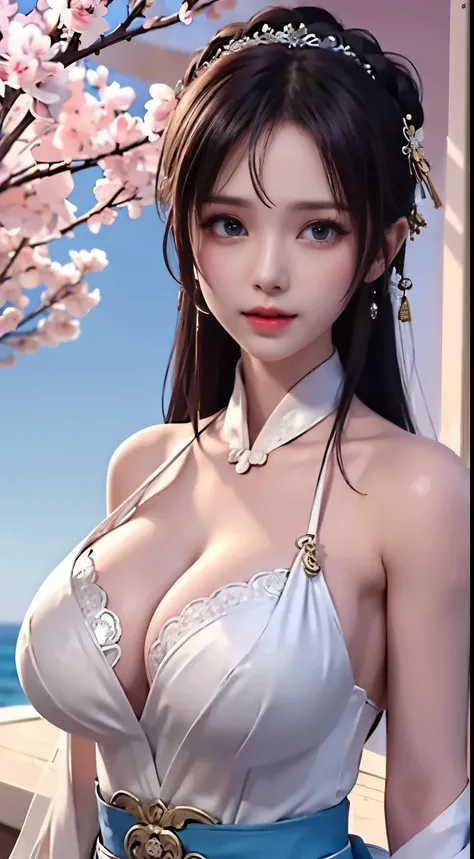 Goddess girl 14 yeard old，in Dynasty song Hanfu chested open -cloth luxury detaild ，(quality、tmasterpiece:1.2)， petticoat lace，pigtails，silvery white hair、Smooth skin、Beautiful mouth、(beautiful postures)，(Chinese style translucent pocket cloth)，Translucent...