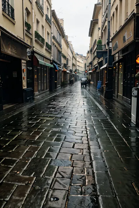 Backstreets of Paris　Cobblestone pavement　Wet road surface in the rain　Open Cafe　Walking Path