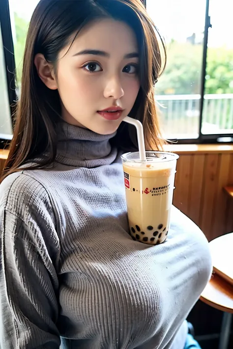 upper body closeup, Hands-Free_Bubble_Tea_Challenge, Bubble Tea between big breasts, a straw, (masterpiece, best quality:1.2), 1girl,,White Turtleneck knitted sweater,in classroom