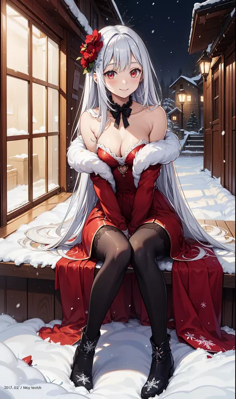 girl，Smile,in love，Moderate，(Red hollow dress long dress)，Translucent clothing，holy，Lilac skirt，beautiful pattern，sky blue pattern，snowy night，Transparent lace，Dress nicely，Sitting，The only person，Mythical courtyard，(night:1.1)，blizzard，(Snowflakes flying)...