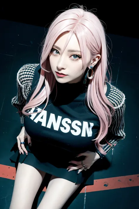 (masseter section: 1.2, top quality), (live action, intricate details), (1 female, solo, upper body, huge boobs) Clothing: edgy, black jumper, pink mini skirt, avant-garde, experimental look: long pink hair, dramatic makeup, unconventional fashion choices ...