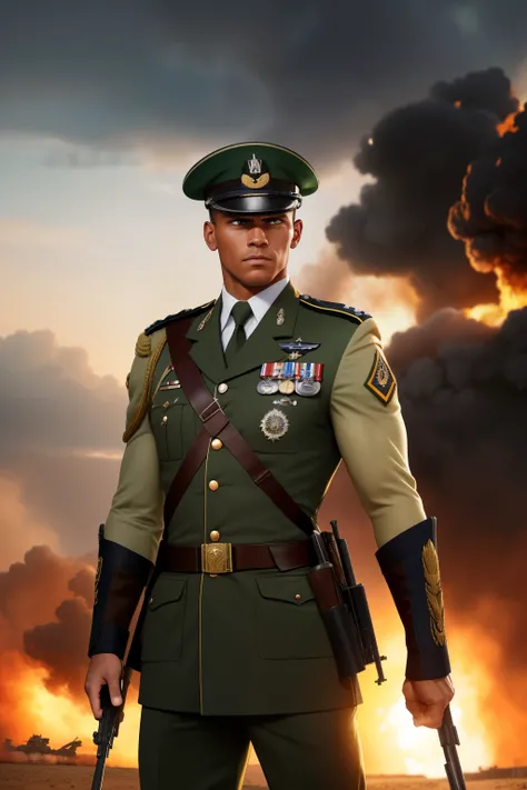 Create a strikingly realistic 8k image of a Brazilian soldier in battle pose. Emphasize his muscular physique, with definition in every muscle, and his stern, determined expression. His uniform should be immaculate, with intricate details such as badges an...