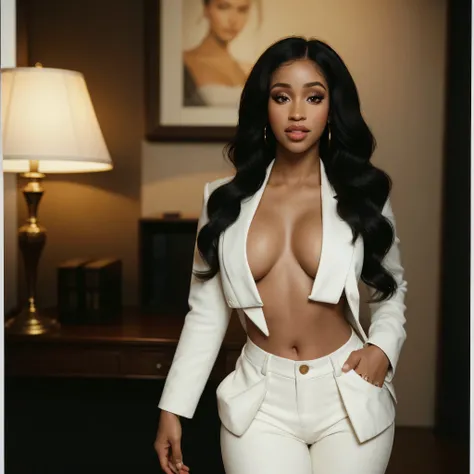 Foto hiperrealista en primer plano de Cardi B, masterpiece, best quality, (photorealistic:1.4), full body, (classy white blazer and nothing underneath:1.1), black long loose curls, sexy posing in a studio, neons, cinematic light, beautiful woman, skinny, l...