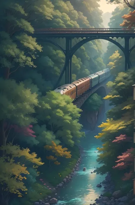 there is a train that is going over a bridge in the woods, detailed scenery —width 672, ghibli art style, 4k detailed digital art, anime art wallpaper 4 k, anime art wallpaper 4k, detailed painting 4 k, anime background art, beautiful anime scenery, anime ...