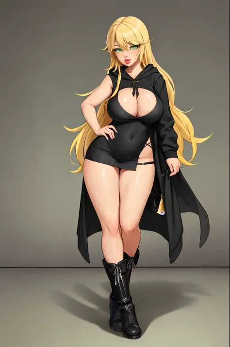 score_9, score_8_up, score_7_up, puririkaaa_style, , long hair, green eyes, white hoodie, 1girl, solo, looking at viewer ppl, blonde hair, green eyes, full body, massive lips, black dress, ((full body)), black boots