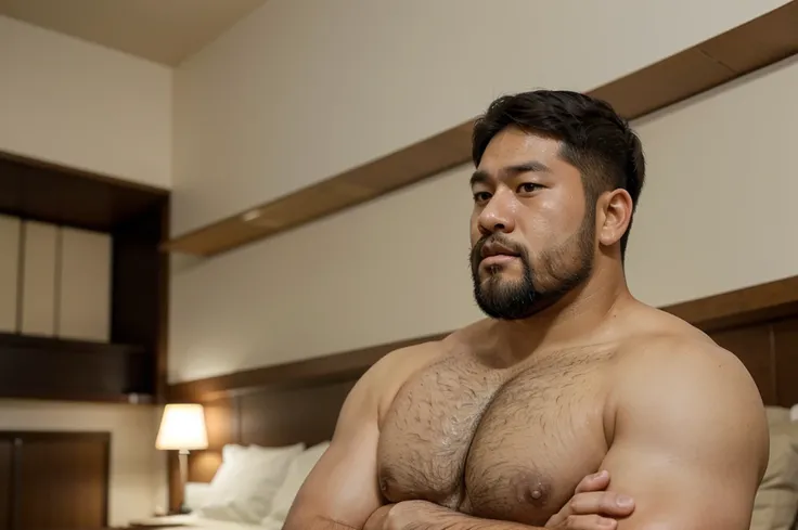 A 37-year-old Japanese rugby player wearing a uniform　stocky chubby thick short beard short hair bearish
