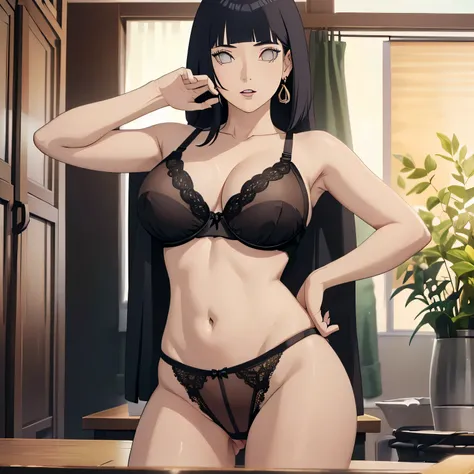 (masterpiece), best quality, perfect back, 4k, UHD, ultra detailed, clean image, denoise, 1girl, solo, Nobara Kugisaki , big breast, withe bra and small panties , earrings, showing her big bottom and tite pussy close camera