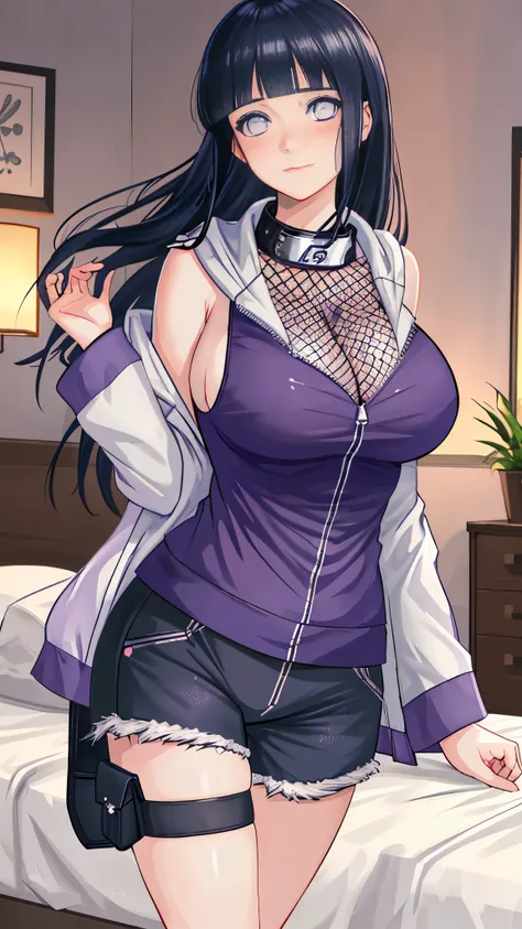 Masterpiece, highres, high Quality, detailed face, detailed body render, 1girl, solo, hyuuga hinata, hinata-sleeveless-outfit, large breasts, big breast, sleeveless shirt, fishnet top, dark lips, unzipped jacket, no bra, breasts out, nipple, standing, blus...