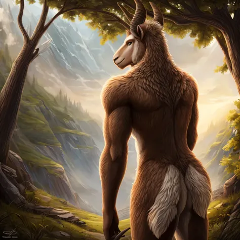 A Alone deer standing with back to viewer ((male) (anthropus) (goat), nothing there, Soft Shading, (detailed fur: 1.1), happy looking, (male), (Alone: 1.1), ), tail raised, ((beautiful), (detail