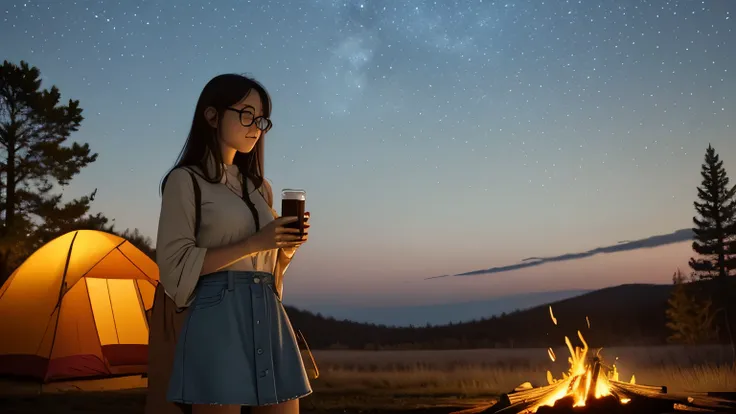 solo, female, standing near, campfire, (smoky wind), flannel shirt, jeans, scruffy beard, carbonated glasses, marshmallow in han...