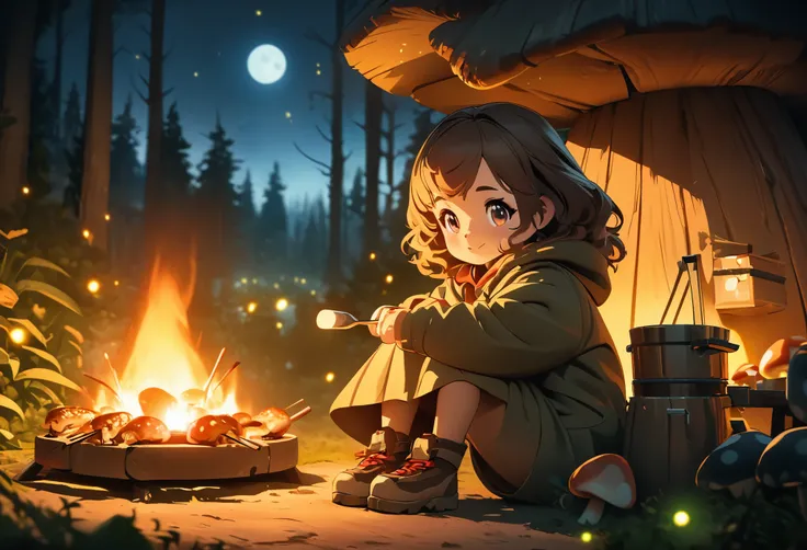 Winter season，Night Moon，forest，Mushroom hut，Cute and adorable 5-year-old girl sitting by the campfire，BBQ，Glowing fireflies，Full body portrait，Celluloid style，Flat coating，HD，CG Art，comics，8K，Looking at the camera，high quality，illustration，Depth of Field，...