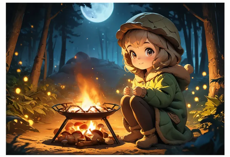 Winter season，Night Moon，forest，Mushroom hut，Cute and adorable 5-year-old girl sitting by the campfire，BBQ，Glowing fireflies，Full body portrait，Celluloid style，Flat coating，HD，CG Art，comics，8K，Looking at the camera，high quality，illustration，Depth of Field，...