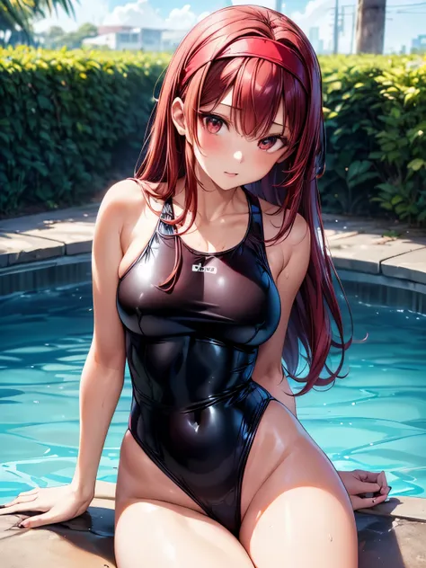 highest quality、Nice sexy body、One Woman、((solo))、((Beautiful busty woman:1.4))、(Woman with dark red hair:1.3)、Long hair woman、Woman with straight hair、(A woman wearing a latex one-piece school swimsuit:1.3)、(Woman wearing a white headband))、woman sitting ...