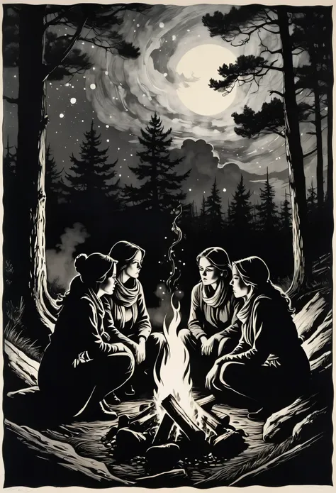 Create a realistic and detailed portrait of women huddled around a campfire, their faces etching fear and apprehension as they listen intently to an ominous story told by an unseen figure in the darkness behind them. The trees tenaciously cling to the edge...