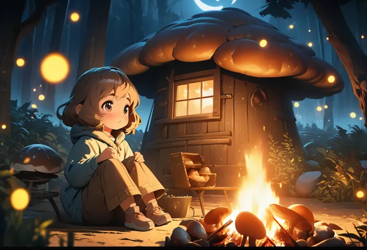 Winter season，Night Moon，forest，Mushroom hut，Cute and adorable 5-year-old girl sitting by the campfire，BBQ，Glowing fireflies，Full body portrait，Celluloid style，Flat coating，HD，CG Art，comics，8K，Looking at the camera，high quality，illustration，Depth of Field，...