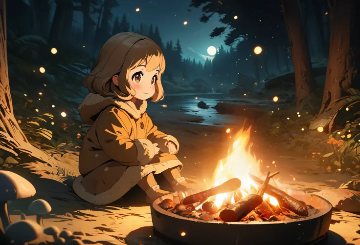 Winter season，Night Moon，forest，Mushroom hut，Cute and adorable 5-year-old girl sitting by the campfire，BBQ，Glowing fireflies，Full body portrait，Celluloid style，Flat coating，HD，CG Art，comics，8K，Looking at the camera，high quality，illustration，Depth of Field，...