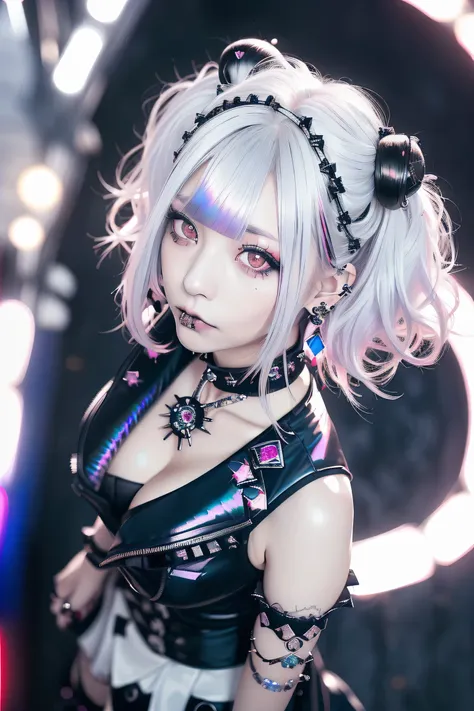 ((Redhead、Goth_punk, One Girl, alone, Medium Shot, Walking around Harajuku, ((at night)), Bokeh Depth of Field, Neon Light, Rainbow Eyes, Starry Sky, Red glowing hair, White eyebrows, Shiny Hair, (Iridescent white hair),Earrings, Buns, Jewelry, Dull Bangs,...