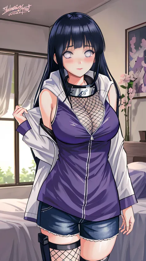 Masterpiece, highres, high Quality, detailed face, detailed body render, 1girl, solo, hyuuga hinata, hinata-sleeveless-outfit, large breasts, big breast, sleeveless shirt, fishnet top, dark lips, unzipped jacket, no bra, breasts out, nipple, standing, blus...