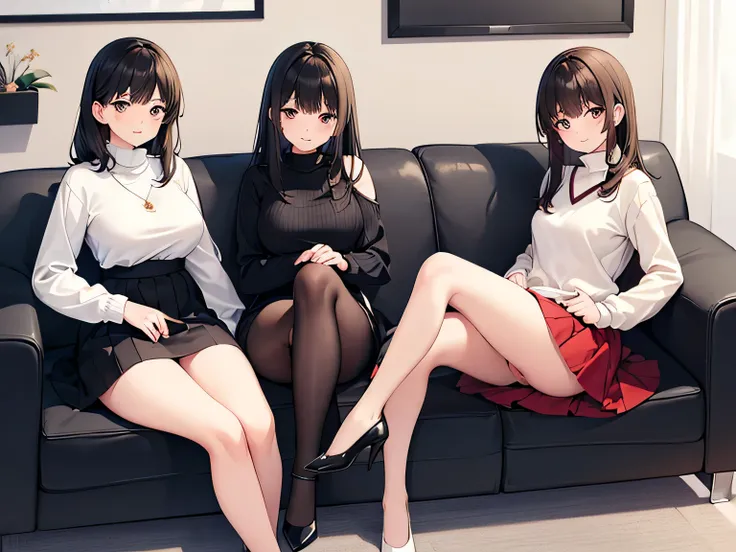 (Masterpiece, top quality, high resolution, realistic photo, realistic looking skin:1.1),
(Three women are sitting on an office couch:1.5),
(All three are smiling: 1.5),
(The first is 25 years old with short black hair, a long-sleeved knit with a V-neck, a...