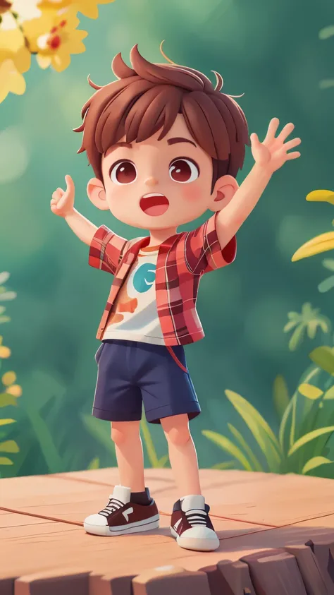 1 Leo boy, 5 years old, brown hair, plaid shirt, black sneakers, hands up, (work of art: 1.2) (realistic: 1.2) (Bokeh) (best quality) (detailed skin: 1.3) (detail intricate) (8k) (eye of detail) (sharp focus), (happy)