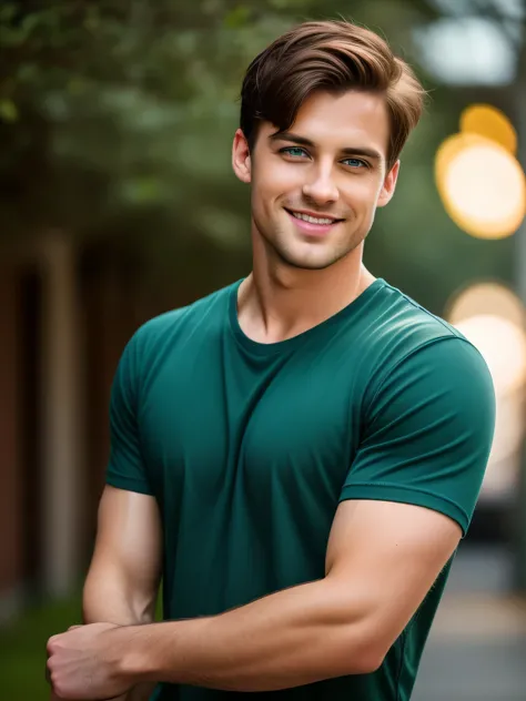 photo of a stunningly handsome man, 25 years, Blue eyes, short hair, Brown hair, full height, in a T-shirt, photorealistic, Best quality, detailed, 8K, HDR, cinematic lighting, sharp focus, short hair, looks at the camera, smiling, slight smile, on a green...