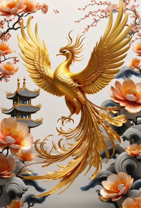 3D hyper realistic of Gold Chinese Phoenix elegantly soaring above a serene backdrop of luxurious Chinese ingots and delicate floral patterns, with modern Chinese calligraphy , red backgrounds 