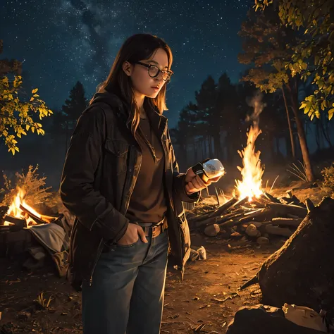 Solo, female, standing near, campfire, (smoky wind), flannel shirt, jeans, scruffy beard, carbonated glasses, marshmallow in hand, night sky above, orange and yellow leaves surrounding, autumn scene, camping gear nearby, crackling sound of the fire, peacef...