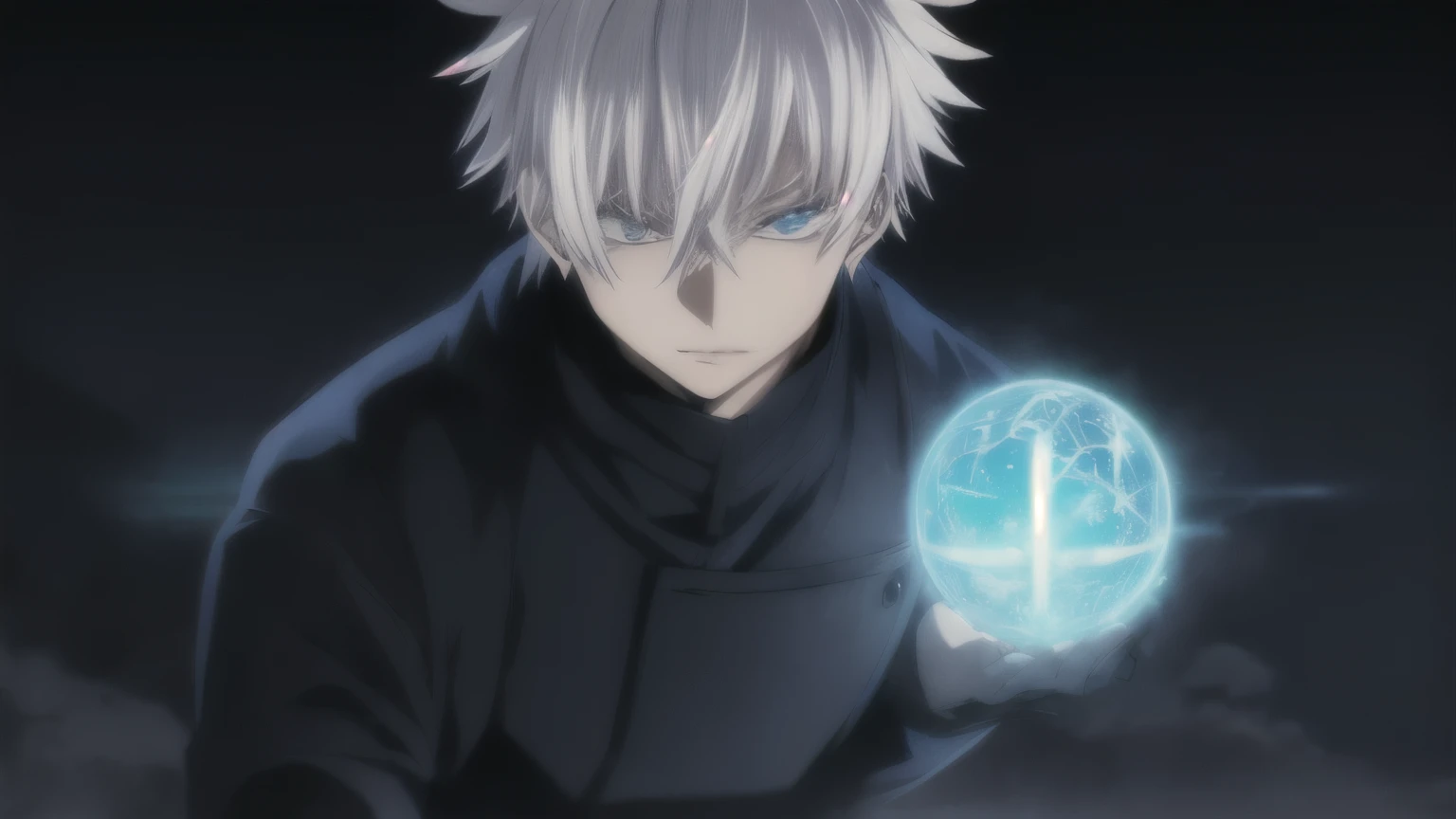 (masterpiece, illustration, anime:1.3), 1 person, Satoru Gojo from Jujutsu Kaisen, (classic black attire:1.2), standing inside a temple at night, (messy white hair:1.1), (blue eyes emitting blue light:1.2), (calm expression:1.1), (uncovered eyes:1.1), (pow...