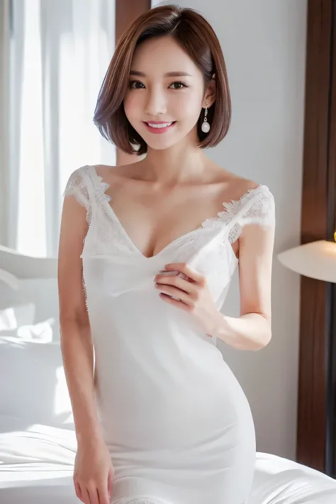 8k,best quality,1girl, in hotel room,( smiling:1.3), a close-up,short hair, crystal clear white skin, detailed eyes, detailed lips, wearing a sexy white negligee,