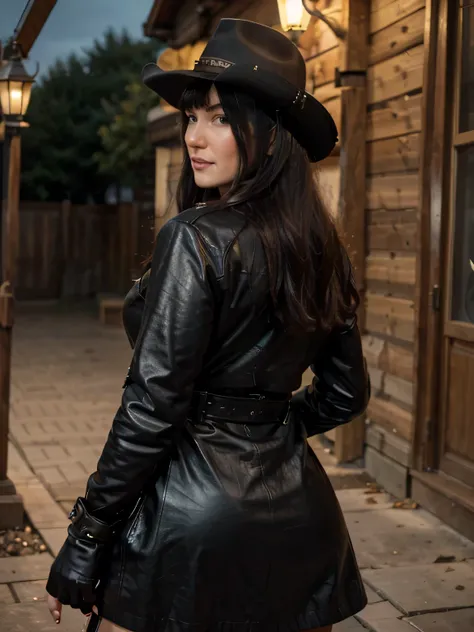 Seductive Face, Leather Black Duster Coat,leather chaps, (( five fingers black gloves))Cowgirl,revolver,((Best Quality, 8k, Masterpiece:1.3))), Crisp Focus: 1.2, Beautiful smiling Bettie Page  as a Old West Sheriff, Highly Detailed Face and Skin Texture, D...