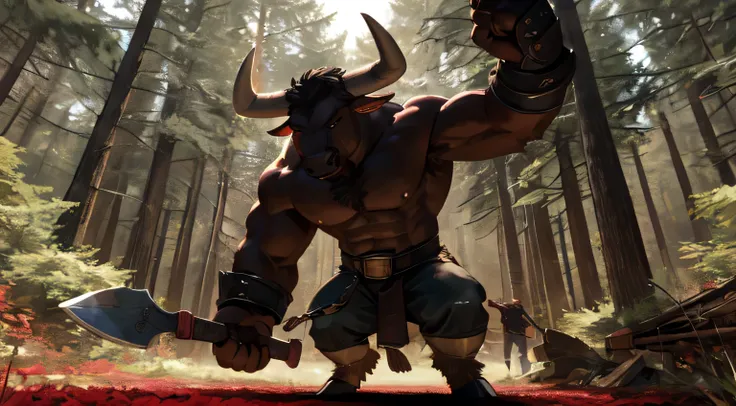 Fight scene with a minotaur holding a large ax in the middle of the forest. Perspective camera angle. 