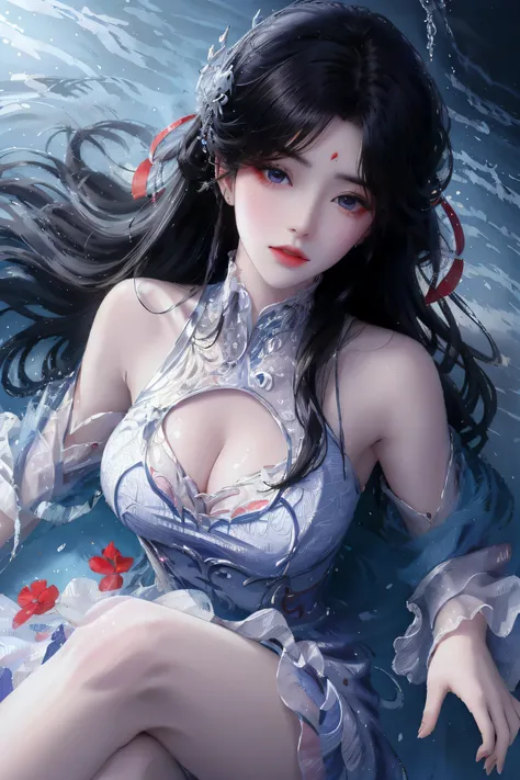 Sweet girl clothes6,print dress, (knee shot) best quality，masterpiece，ultra high resolution，Clear face,（Realism：1.4），RAW photos，cold light，woman wearing transparent dress underwater，wallpaper anime blue water，Gurwitz-style artwork，Close-up fantasy of water...