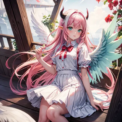 girl most beautiful, white Demon horn, girl pink hair, angel, cat tail, Eye of Green and red, white clothes, wings angel