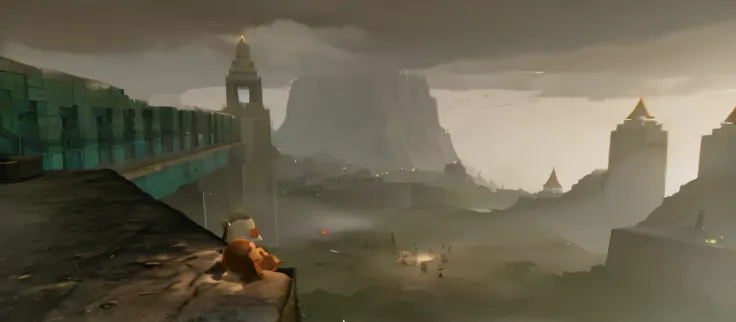 there is a man standing on a ledge in a city, journey thatgamecompany, glowing temple in the distance, ultra wide gameplay scree...