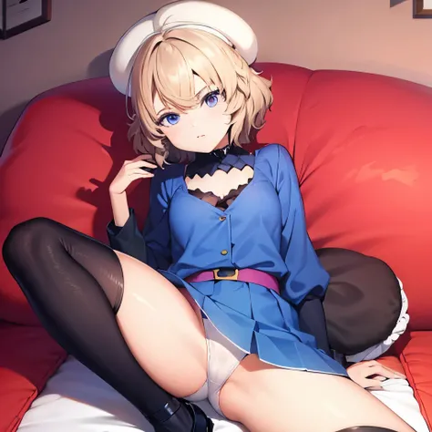 iwanaga kotoko, anime girl, cute, white panties, spread legs, leg spread, sexy, hot, blonde hair, perfect anatomy, (iwanagakotoko:0.9),(beret:1.8)