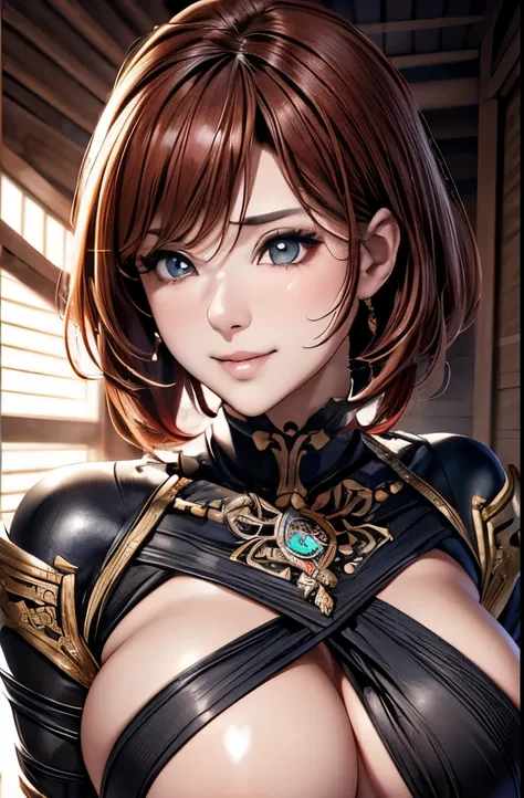 Beautiful kunoichi, beautiful kunoichi waifu in frame, Japanese armor ,(katana on hand),trending on artstation, Sharp focus,, Intricate details, Highly detailed, playful smile, parted lips, full lips, intricate face details,Curvy physique, (Slim body), ((E...