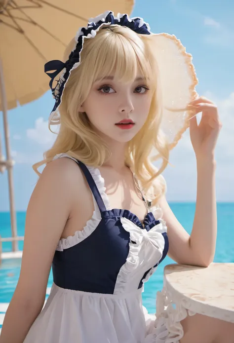 (masterpiece, best quality:1.2), 1 blonde lolita girl, solitary,sexy swimsuit