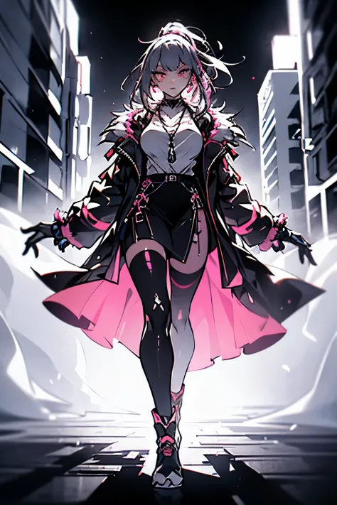 (art, best quality, ultra-detailed, high contrast), 1 woman (Alone, full body, plus size body, standing on the edge of the skyscraper, silver hair, LONG FLOWING HAIR in a ponytail, broken ruby red eyes, (leggings, pleated skirt, sports top, high ponytail, ...