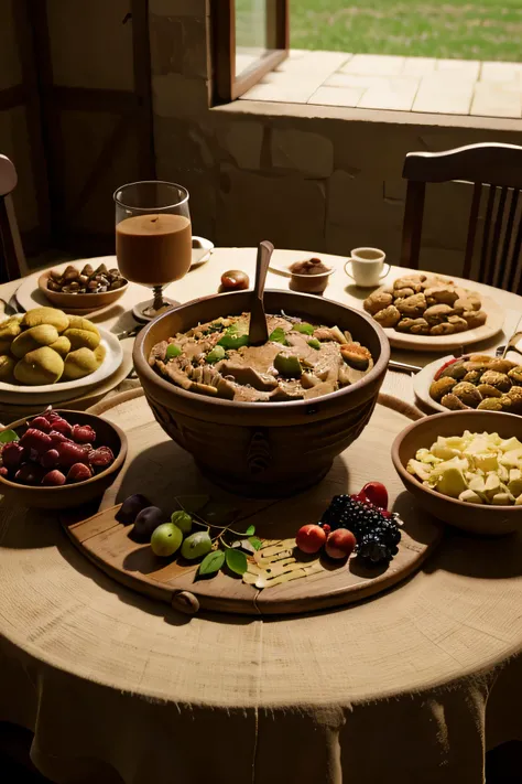 table with a wide variety of foods and fruits, and in the center of the table a well-worn but clean clay pot with a stroganoff