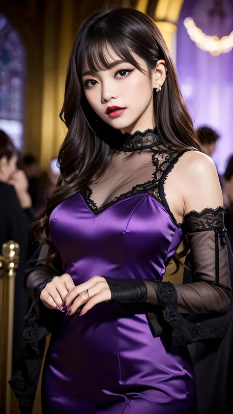 tra-detailed、Japanese、Attractive beauty、seductive adult woman、Pretty Woman、cool girl、brown hair、wavy hair、swept bangs、piercing eyes、hollow eyes、half-closed eyes、Hollow Eyes、Purple Eyeshadow、black lipstick、black lip gloss、dark makeup、smirk、Evil expression、P...