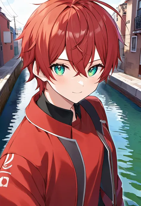 Un avatar para un canal de VRCHAT, que tenga el cabello rubio, corto y cin mechones de cabello de color rojo, His eyes have heterochromia and he always wears a red jacket with small prints.