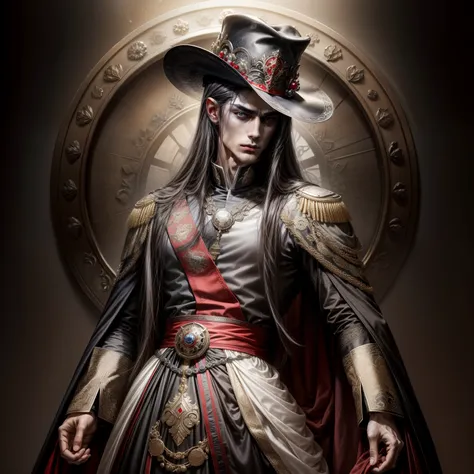 best quality,Masterpiece,young man with beautiful face,21 years old,My hair is thin.,I have long black hair.,Wearing the Emperor of the Magic Empire&#39;s outfit, black and red tones.,Wearing the hat of an Imperial General,Handsome and beautiful face,Has a...