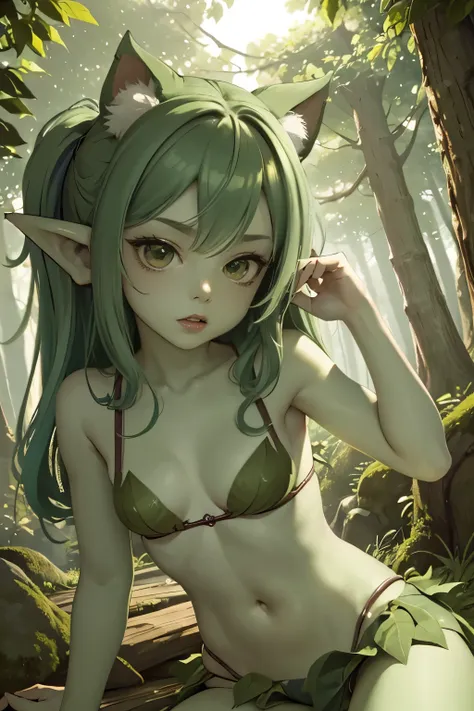 ((best quality)), ((masterpiece)), (detailed), 4k, green skin, pointy ears, goblin girl with multicolor hair, sexy, absurdres, s...