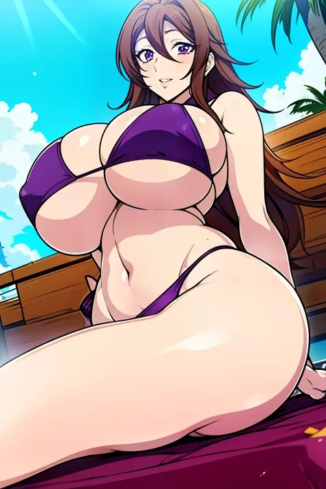 An anime-style artwork depicting Venelana Gremory from the anime High School DxD.

Tags: Venelana Gremory, anime, detailed eyes, detailed lips, ass, bare shoulders, 1girl, brown hair, (purple eyes:), (micro bikini : 1.4),  solo, huge breasts, smiling expre...