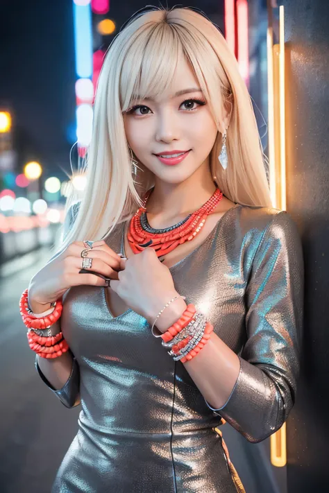 sexy korean model, beautiful smile, lipgloss, long lashes, defined eyebrows, closeup photo, (sparkling large necklace), (sparkling large bracelets), night scene, large sparkling neon street background, gyaru, (((stylish medium platinum blonde hair))), ((bu...