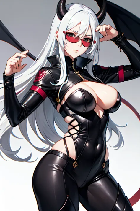 ((Best quality)), ((masterpiece)), (detailed), perfect face, fantasy character, sunglasses, tiefling, White hair, big breasts, red clothes, white eyes, horns, White skin, in blood, evil, daemon,sunglasses, evil pose, fighting pose, Dark background, Thick c...