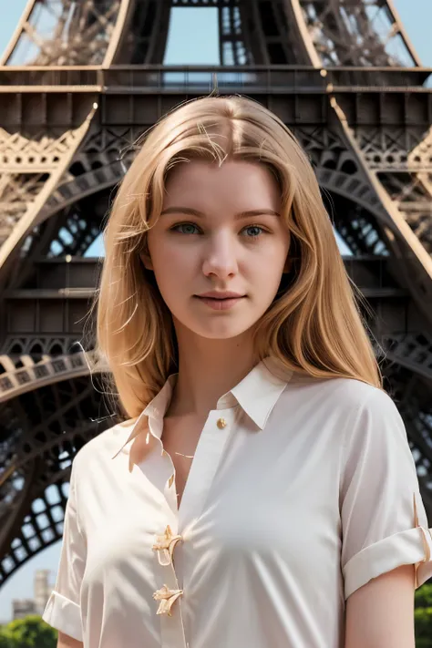 full_body, standing, sandals, (shirt), pants, (eiffel tower), (fgella: 1.2), perfect face, (contact iris: 1.1), pale skin, skin pores , depth of field